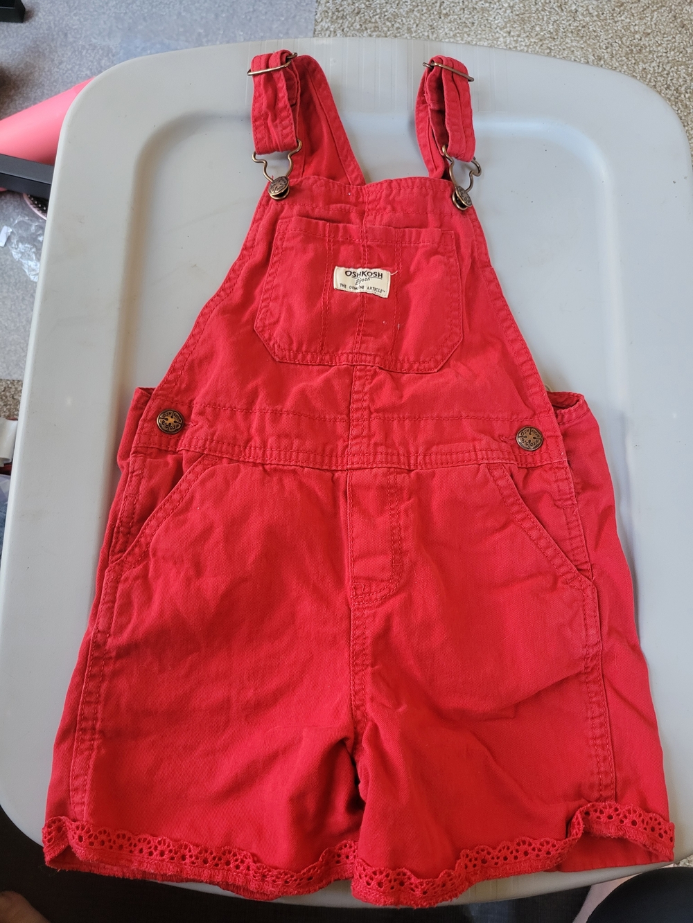 Vintage OshKosh B'Gosh Red Shortalls Girls Size 5T Lace Trim Overalls Romper